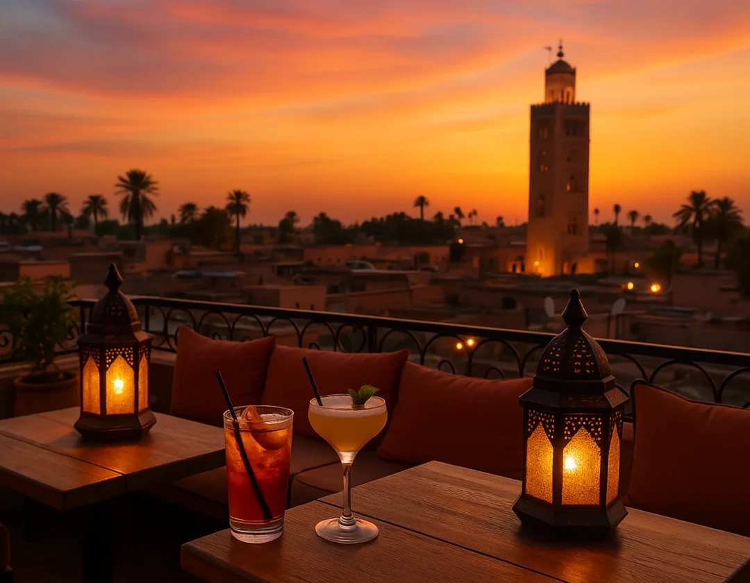 Luxury view of Marrakech ochre city skyline at sunset