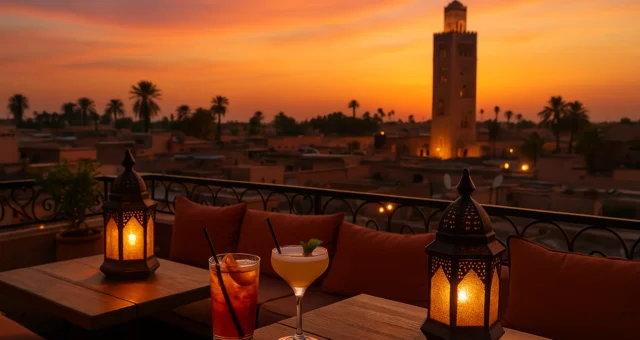 Luxury view of Marrakech ochre city skyline at sunset