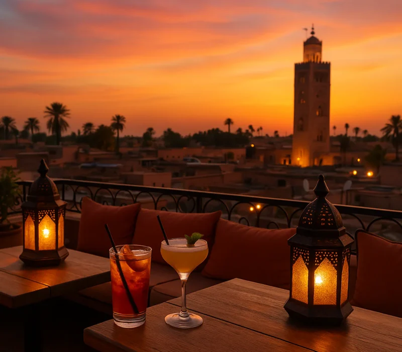 Luxury view of Marrakech ochre city skyline at sunset