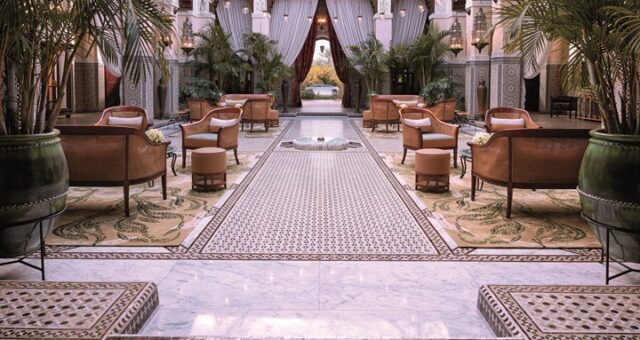 Luxury riad and palace hotel in Marrakech courtyard with fountain