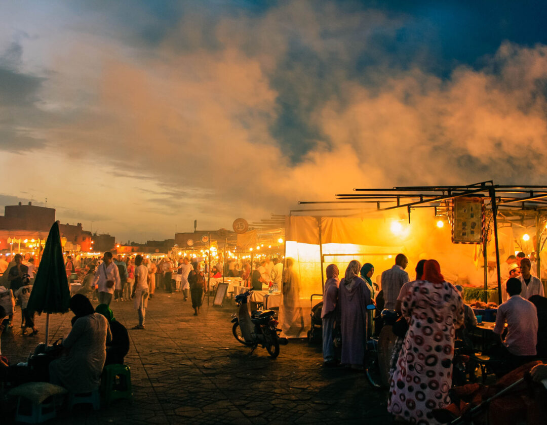 Marrakech luxury night ambiance with lights and traditional architecture