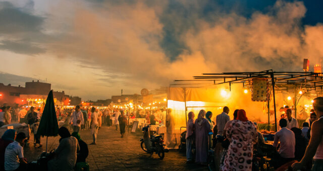 Marrakech luxury night ambiance with lights and traditional architecture