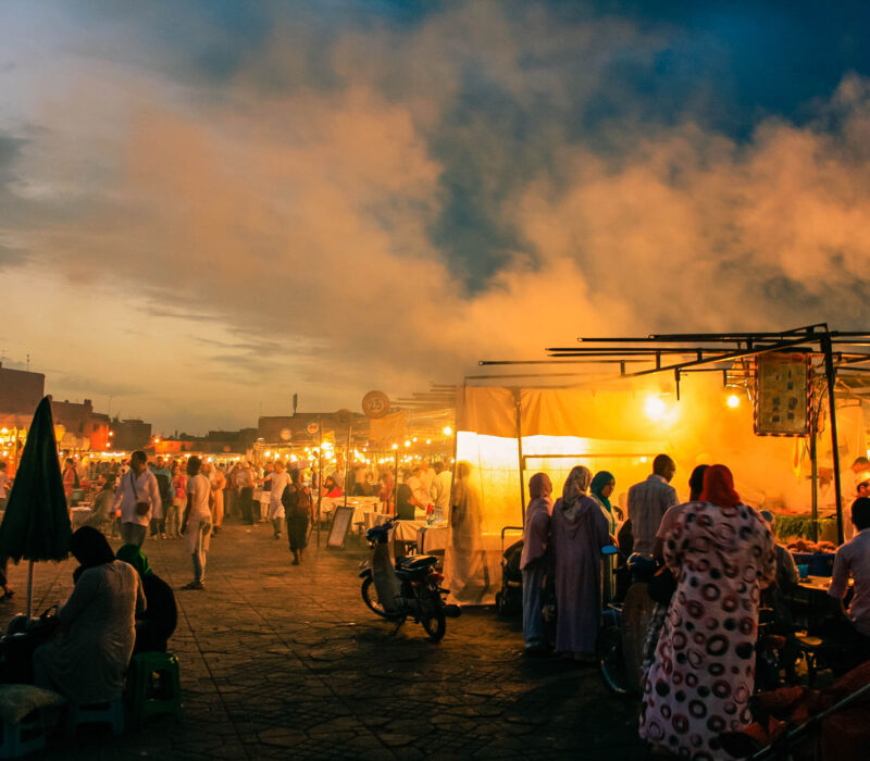 Marrakech luxury night ambiance with lights and traditional architecture